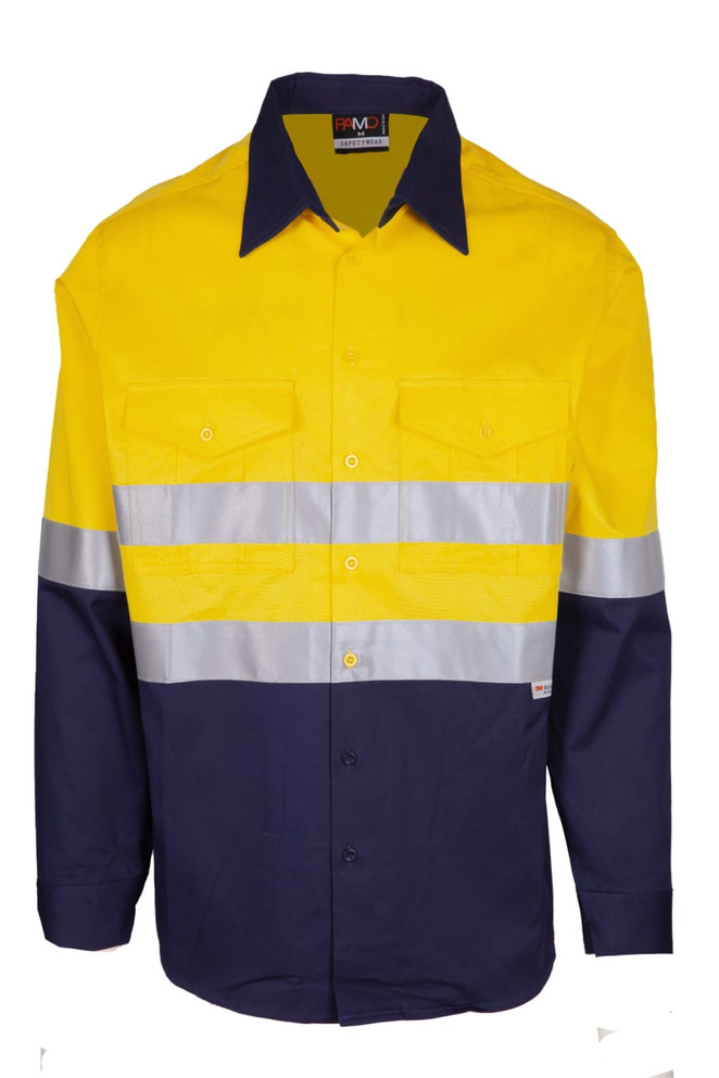 A yellow and navy long sleeve work shirt featuring reflective stripes and a logo on the collar.
