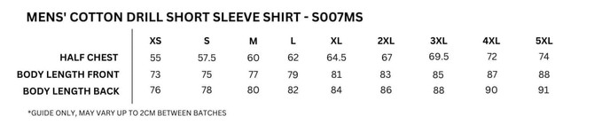 A size specification chart for men's cotton drill short sleeve shirts, detailing measurements in various sizes.