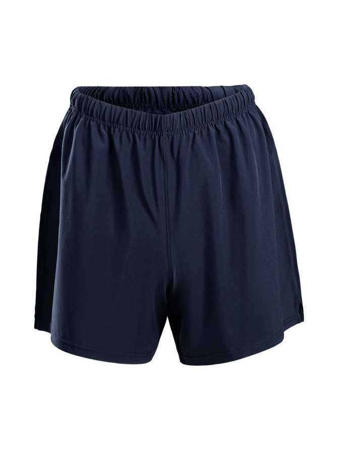 Navy men's FLEX shorts featuring a 4-way stretch design and an elastic waistband, with a logo on the side.