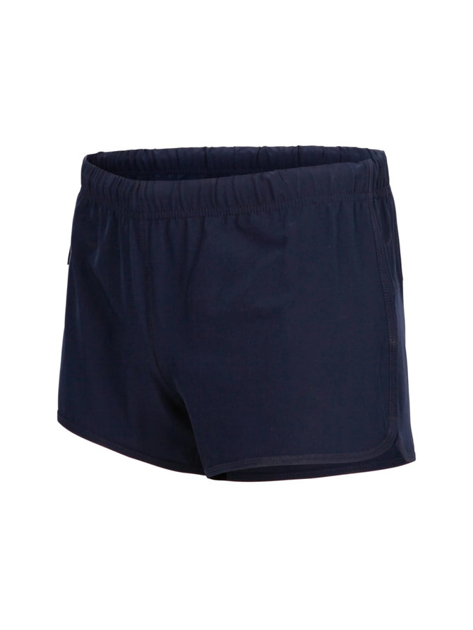 Womens' FLEX shorts in navy, featuring a four-way stretch design and an elastic waistband. Includes a logo.