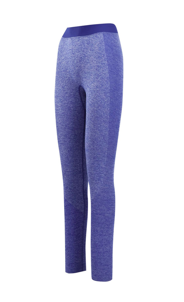 A pair of seamless leggings in a vibrant blue colour with a contrasting waistband. Features a logo on the waistband.