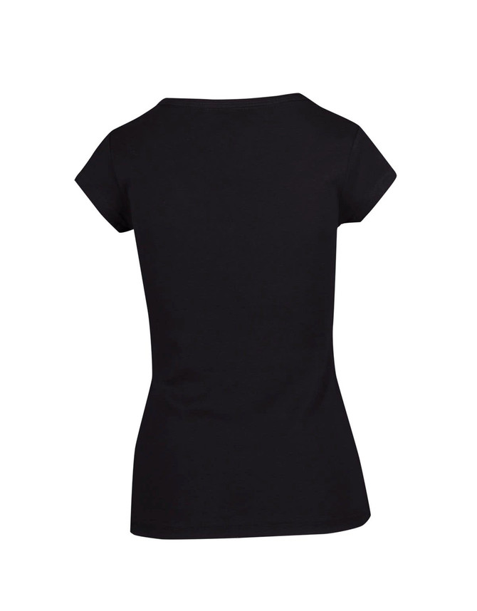 A black women's Hanley T-shirt with short sleeves and a fitted shape, featuring a logo.
