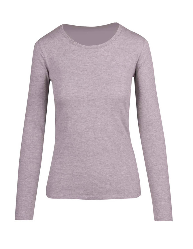A women's long sleeve T-shirt in light grey, featuring a classic round neckline and a fitted design.