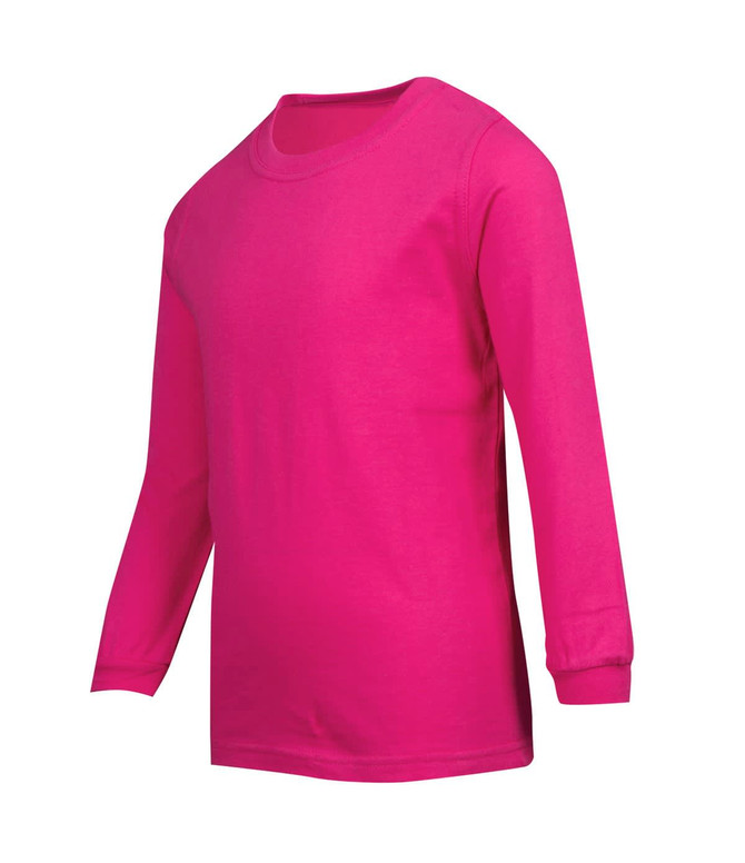 A pink long sleeve T-shirt for kids, featuring a simple design and a round neck.