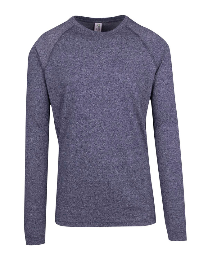 A navy heather long sleeve T-shirt with a round neck and raglan sleeves. It features a logo on the label.
