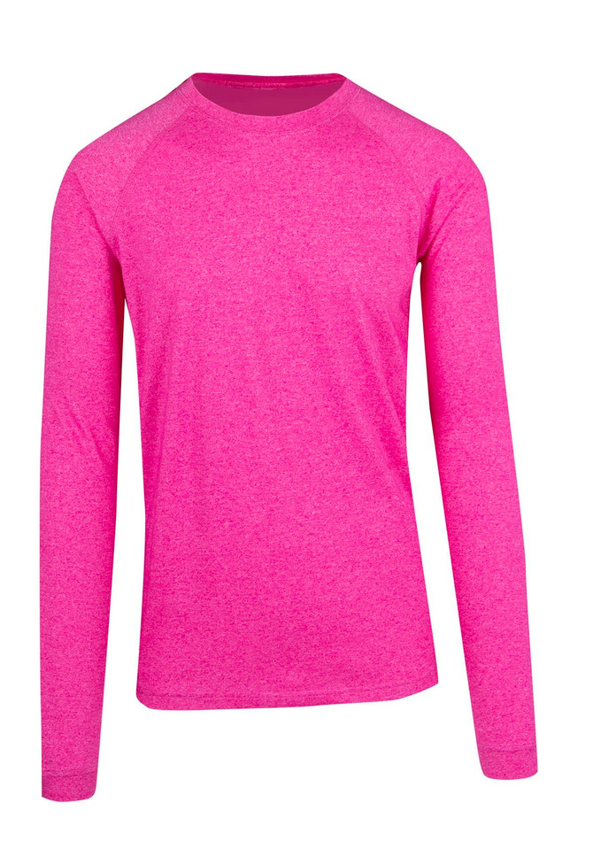 A pink long sleeve t-shirt with a heather texture and raglan sleeves. It features a logo on the front.