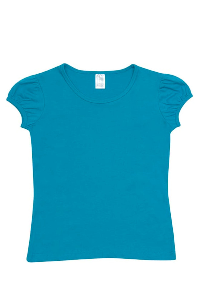 A teal girls' short puff sleeve T-shirt with a round neckline and a label at the collar.