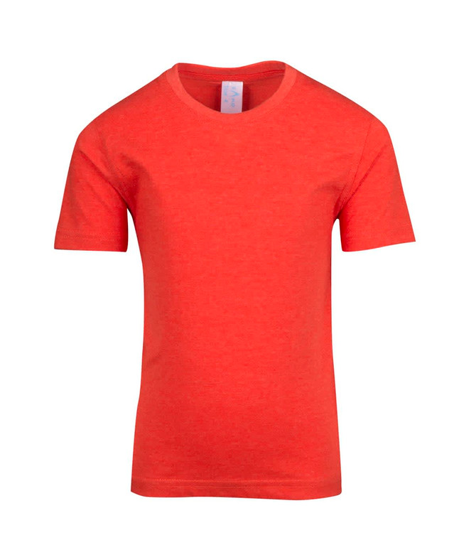 A red crew neck T-shirt for kids with short sleeves and a label at the neckline.