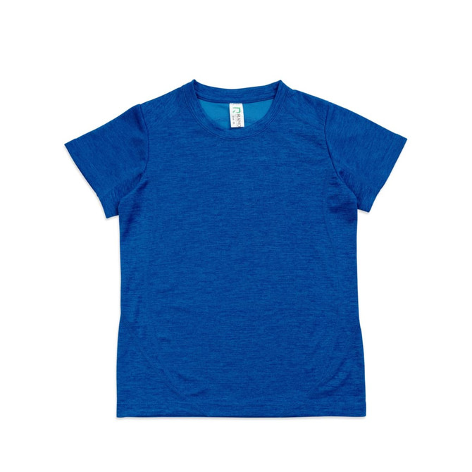A blue child's T-shirt made of 100% polyester, featuring a logo on the label.