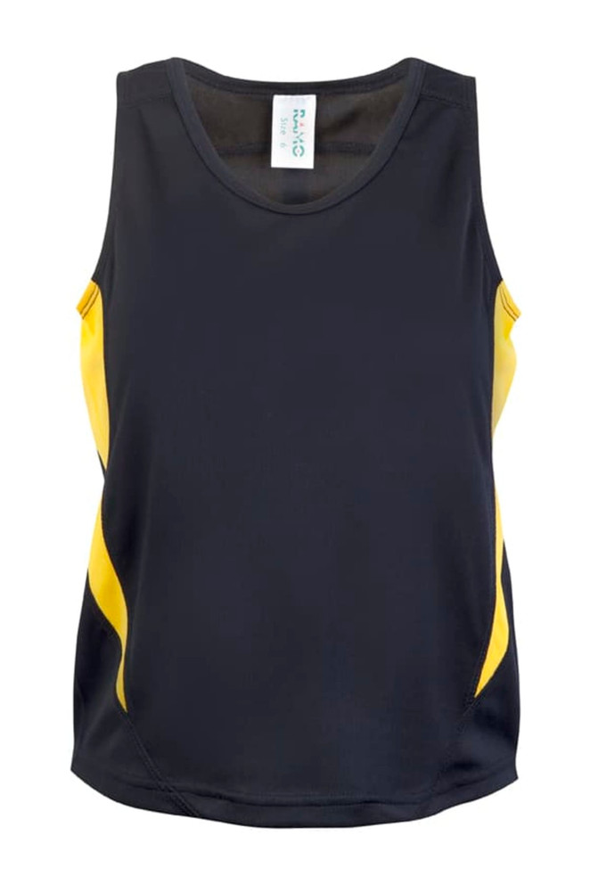 A sleeveless singlet in navy blue with yellow accents, featuring a brand logo on the label.