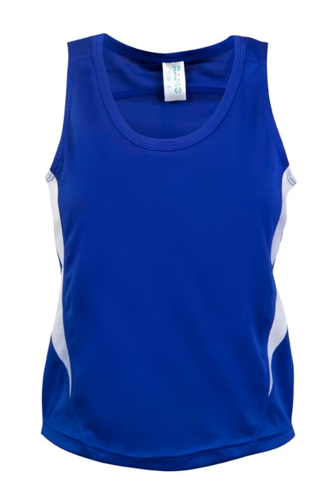 A blue kids' singlet with white side panels and a logo. Lightweight fabric designed for cool-dry comfort.