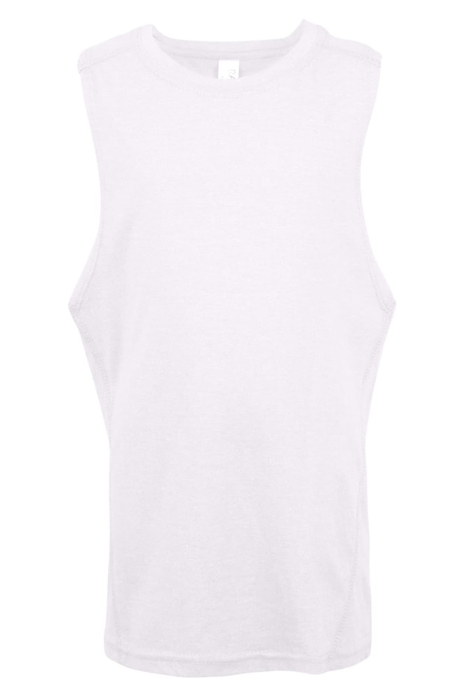 A sleeveless tank top in white, featuring a simple design and a logo. Suitable for kids.