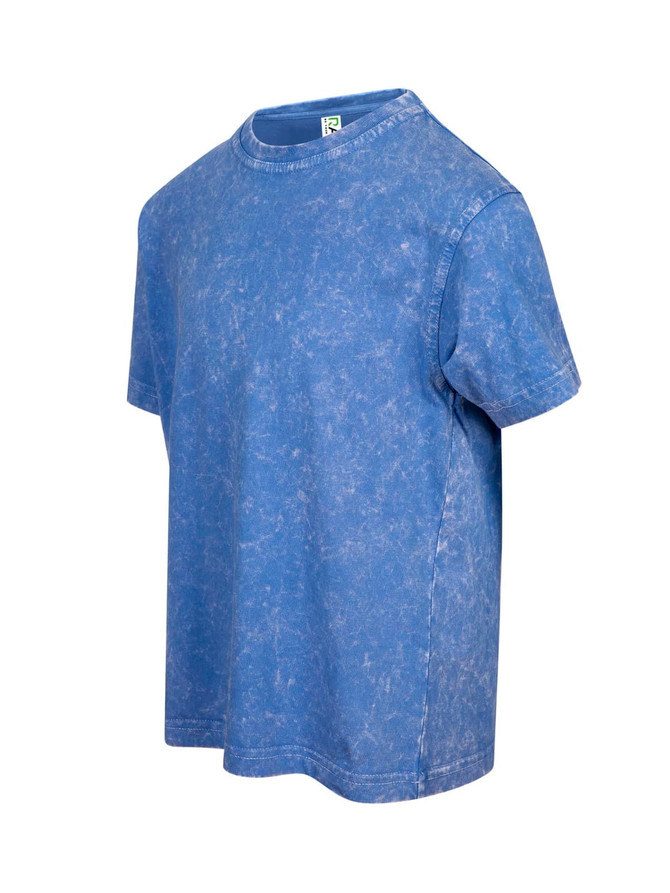 A blue stone wash T-shirt with a round neckline and short sleeves. It has a logo on the label area.