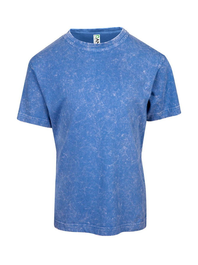 A kid's stone wash T-shirt in a blue colour with a textured finish, featuring a logo tag.