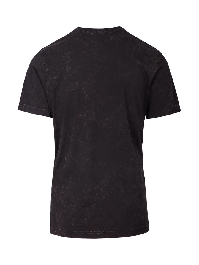A black stone wash T-shirt with a simple design and a soft texture. Features a logo on the back.
