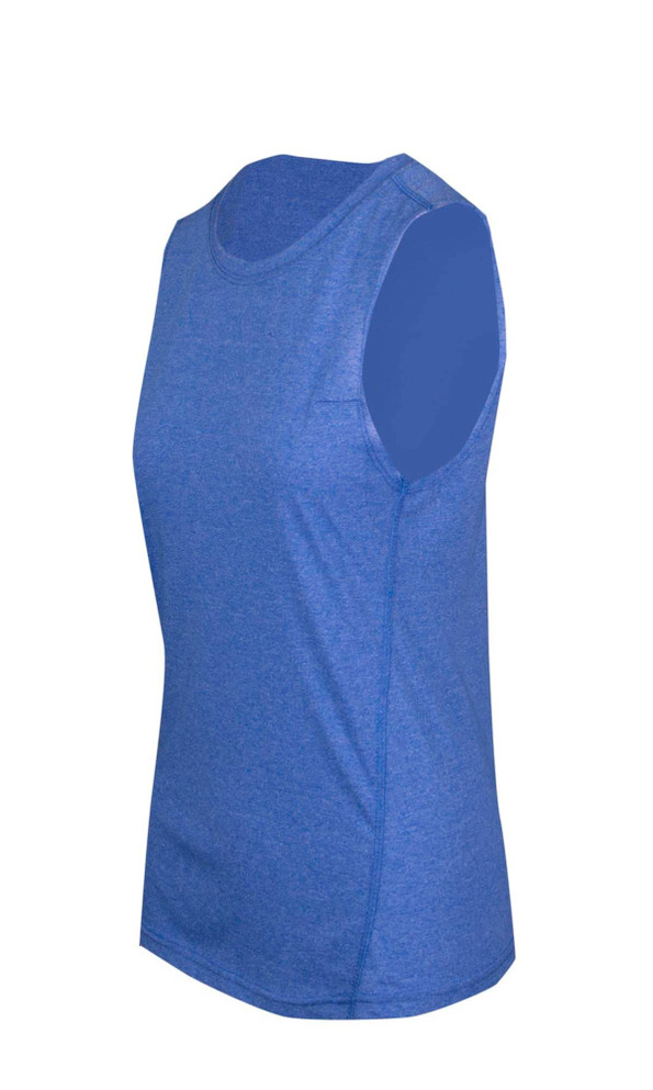 A sleeveless women's tee in blue from the Greatness Range, featuring a simple design and a logo.