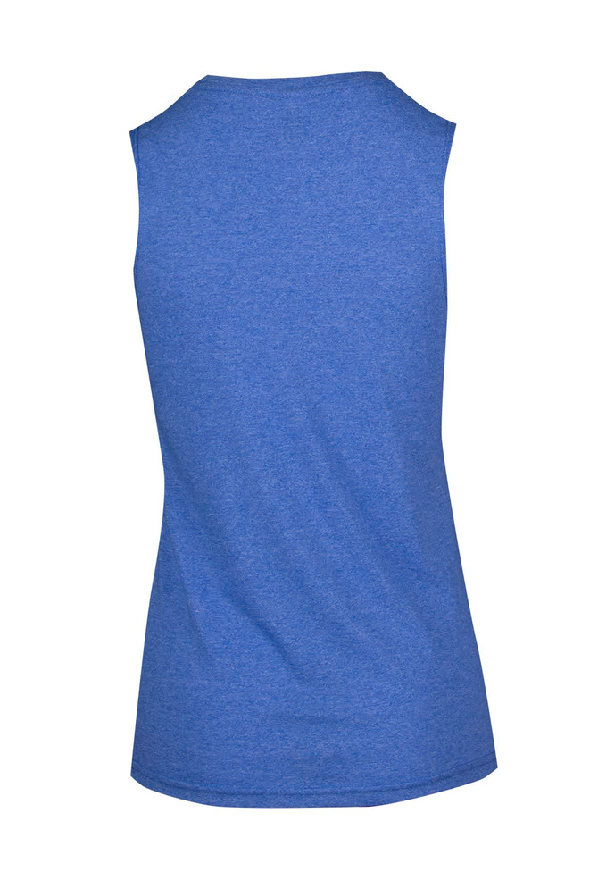 A sleeveless women's tee in a heather blue shade, featuring a soft fabric and a fitted silhouette.
