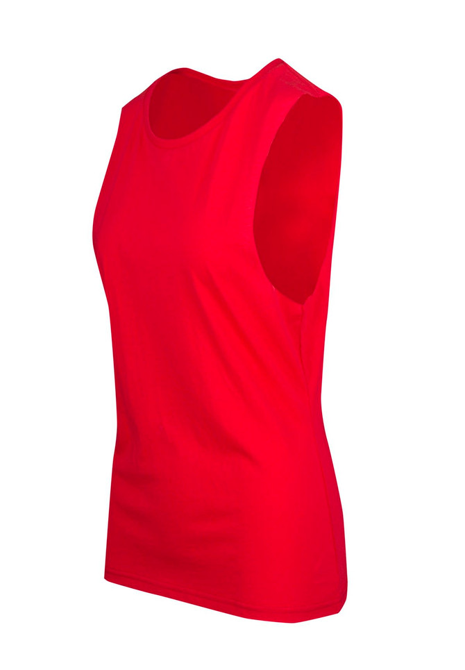 A red women's combed cotton tank top displayed from the side, featuring a rounded neckline and sleeveless design.