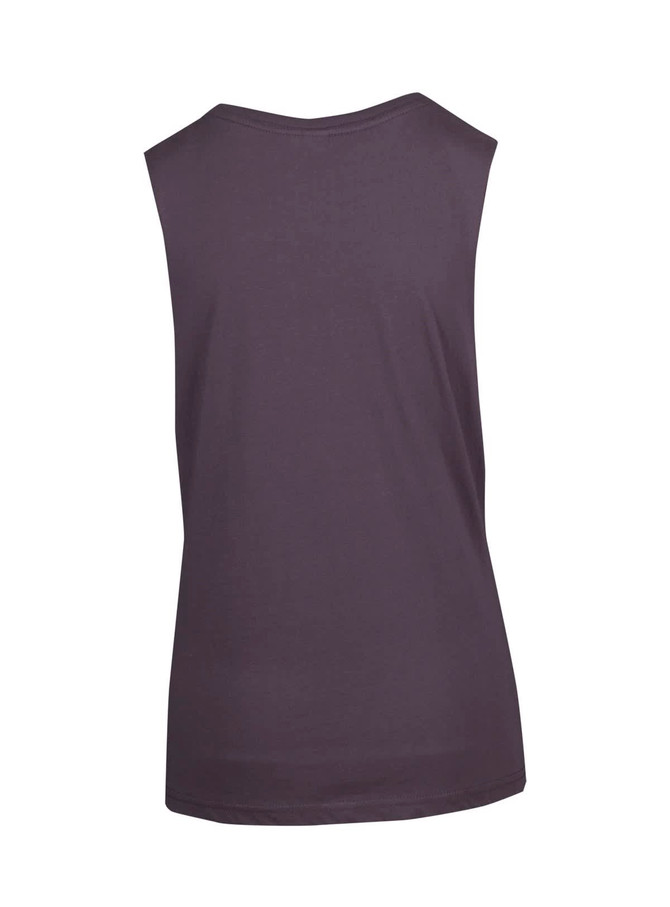 A women's combed cotton tank in dark grey, featuring a simple design and no sleeves. It has a logo on the back.