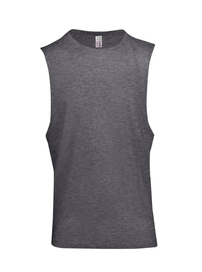 A grey combed cotton tank top with a sleeveless design and a label inside. It features a logo.