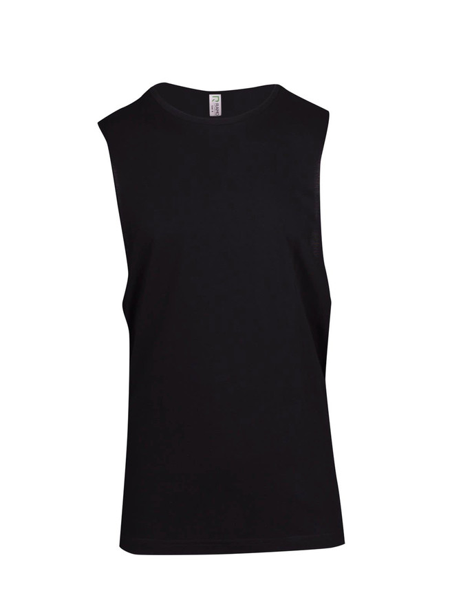 A black unisex combed cotton tank top with a simple design and a visible brand logo.