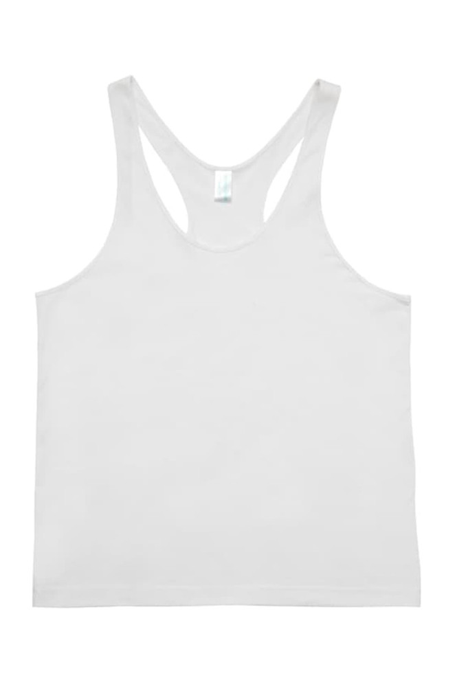 A white men's T-back singlet with a smooth fabric finish and a label at the neckline.