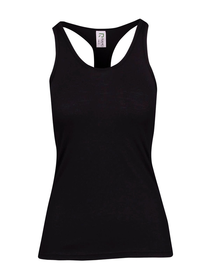 A black women's athletic T-back singlet featuring a racerback design and a branded logo.