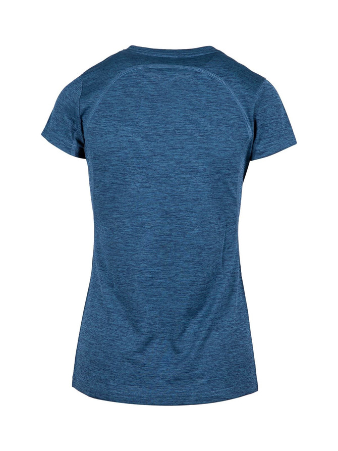 A women's T-shirt in a textured blue fabric, featuring short sleeves and a curved back design. It has a logo.