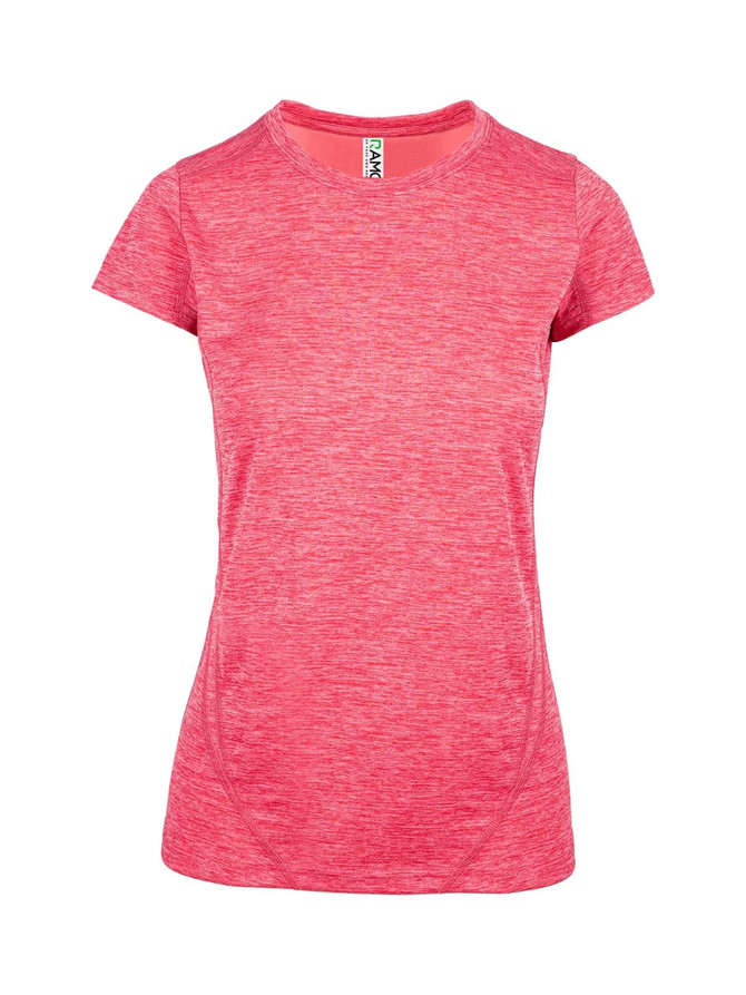 A pink women's T-shirt made of 100% polyester, featuring short sleeves and a fitted design. It includes a logo.