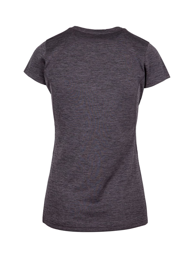 A women's T-shirt in dark grey, featuring a classic cut and a logo on the back. 100% polyester fabric.