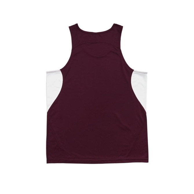 A maroon singlet with white side panels and a branding logo on the back.