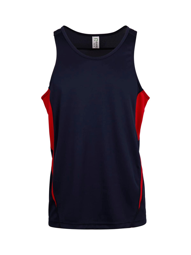A navy and red men's singlet featuring a logo, designed with a cool dry fabric for comfort.