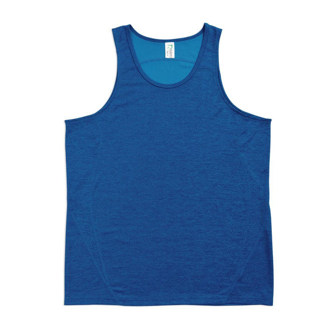 A blue men's singlet made of 100% polyester with a logo. Features a classic tank top design.