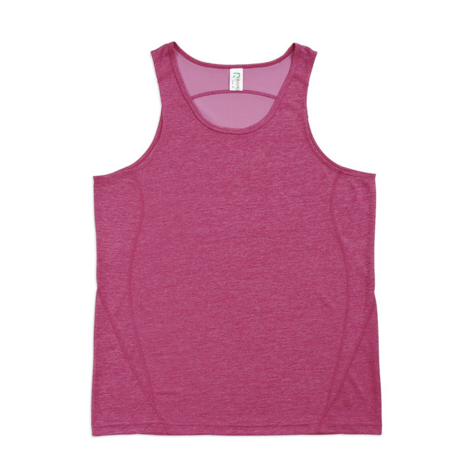A pink men's singlet made of 100% polyester, featuring a simple design and a logo on the label.
