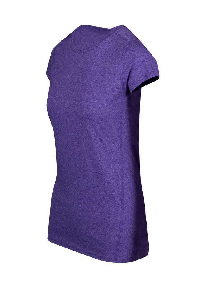 A purple athletic T-shirt with short sleeves and a fitted design. It features a logo on one side.