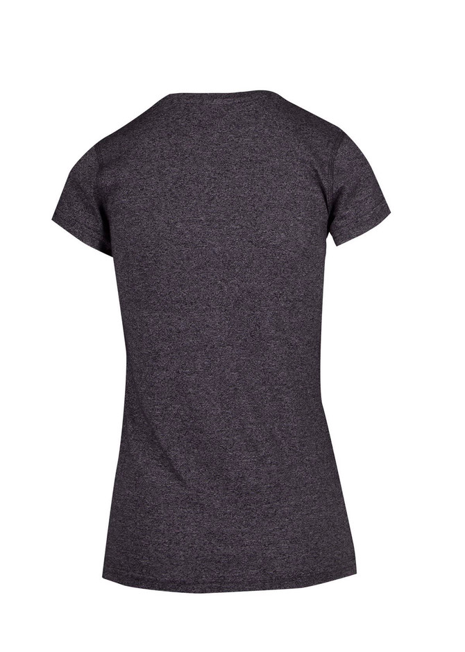 A women's athletic t-shirt in dark grey, featuring a fitted design and short sleeves. It has a logo on the back.