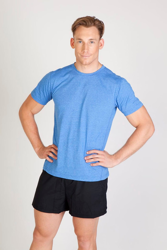 A blue heather T-shirt displayed on a model, paired with black shorts, showcasing a relaxed fit and simple design.