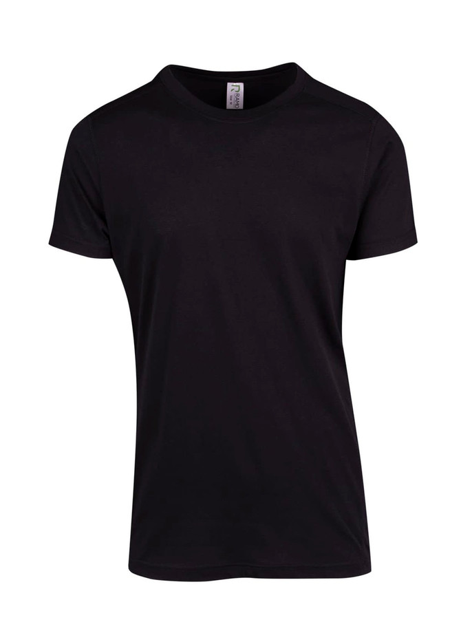 A black unisex T-shirt with a crew neckline and short sleeves. It has a branding logo on the label.