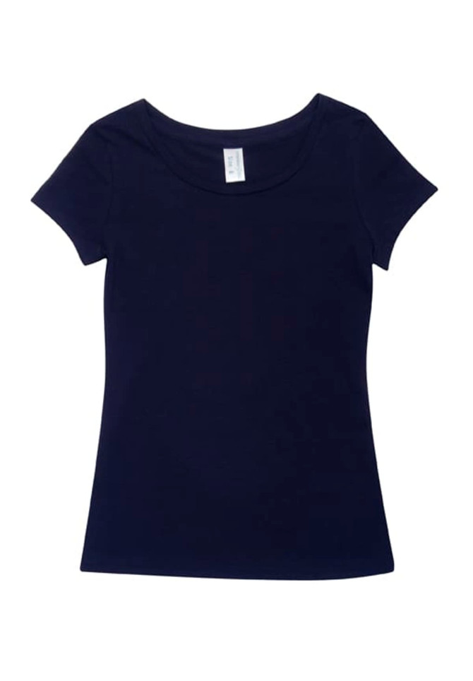 A navy women's cotton/spandex T-shirt with short sleeves and a scoop neckline. It includes a logo.