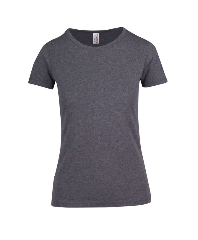 A grey women's t-shirt with short sleeves and a round neckline. It features a brand logo on the inside label.