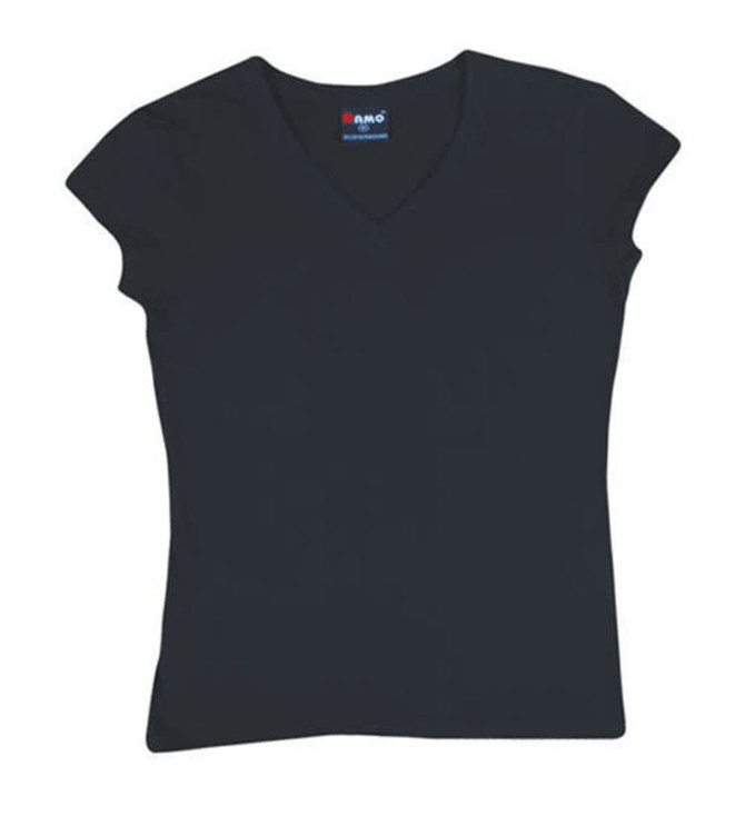 A black women's V-neck T-shirt with short sleeves and a logo on the collar.