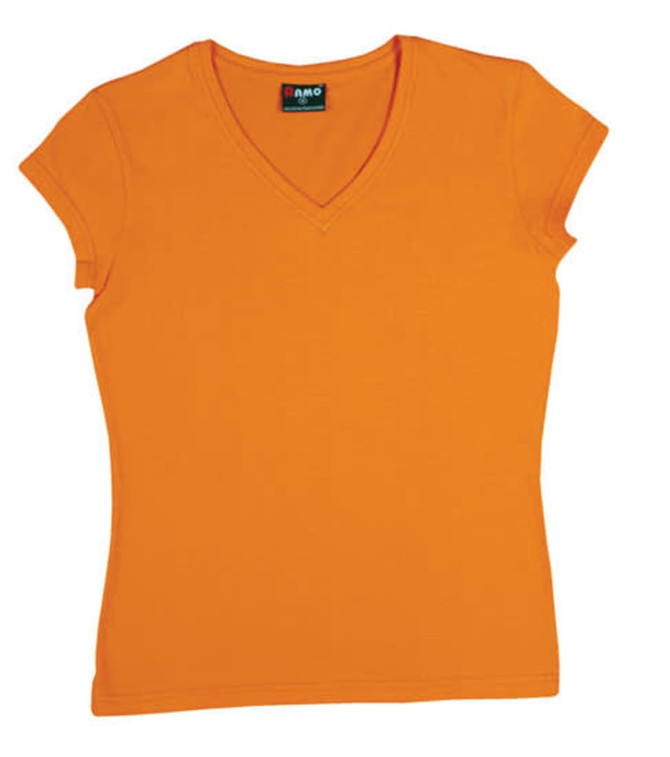An orange women's V-neck T-shirt with short sleeves and a logo on the label.