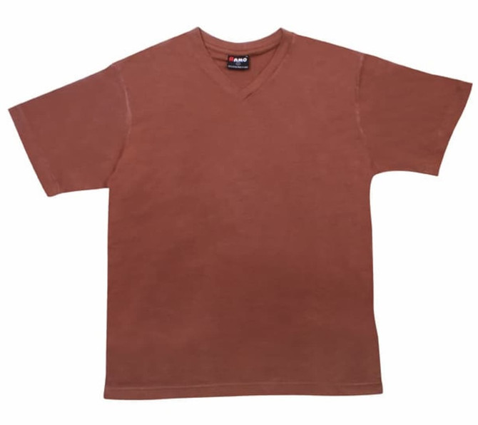 A rust-coloured unisex V-neck T-shirt with short sleeves. It features a label but no visible branding.