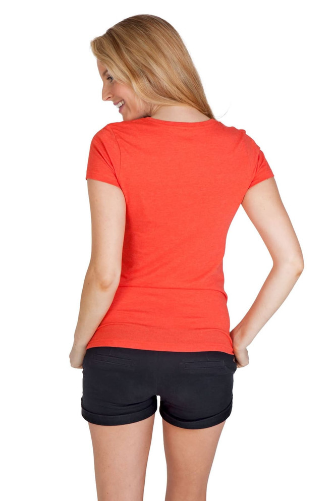 A woman wearing a red marl V-neck T-shirt, viewed from the back, paired with black shorts. The shirt has a logo.