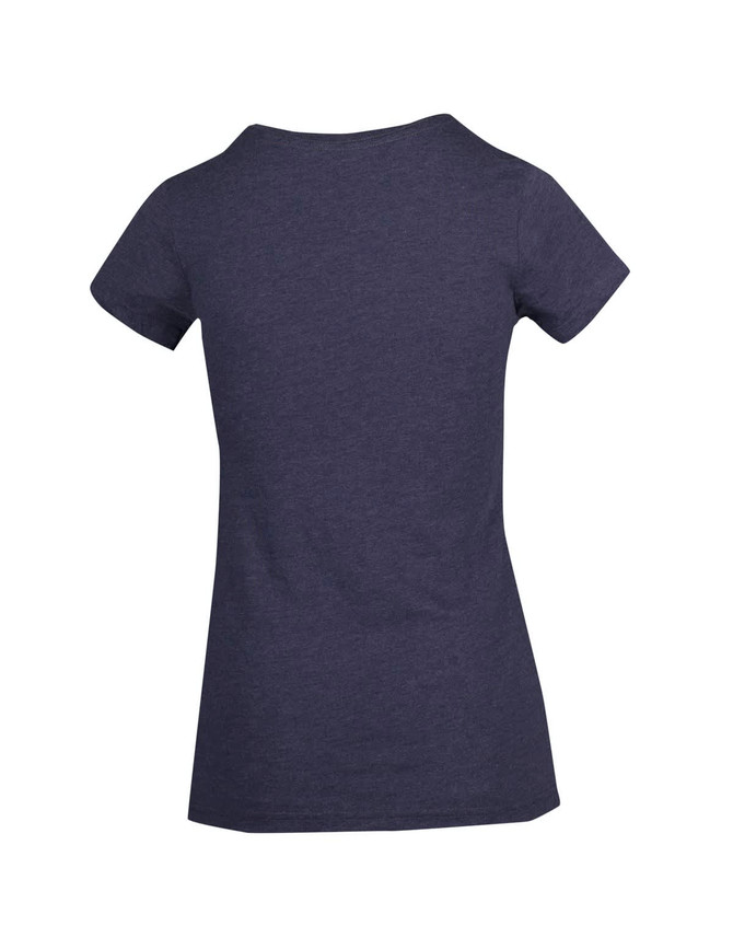 A women's marl V-neck T-shirt in navy with short sleeves, featuring a simple design and a branding logo.