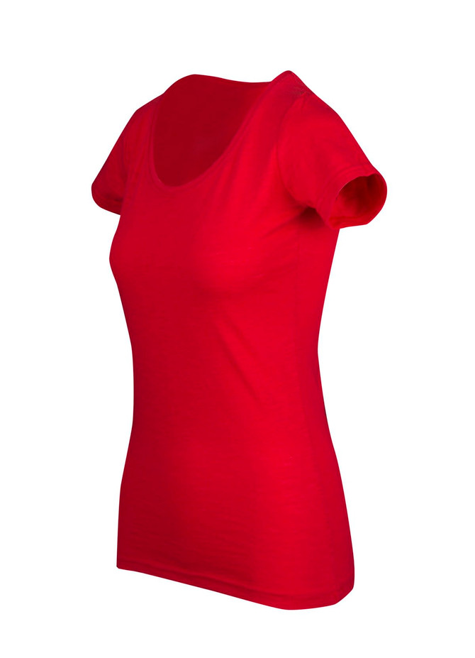 A red women's raw cotton wave T-shirt with short sleeves and a scoop neckline, featuring a logo.