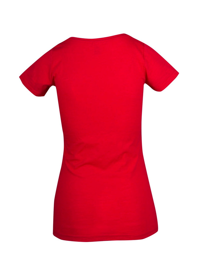 A red women's t-shirt with a fitted design and short sleeves, featuring a logo on the back.