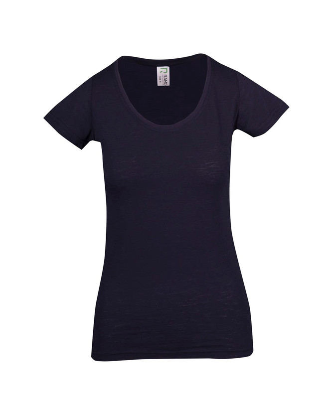 A women's raw cotton wave T-shirt in navy, featuring a scoop neckline and short sleeves. It has a label inside.