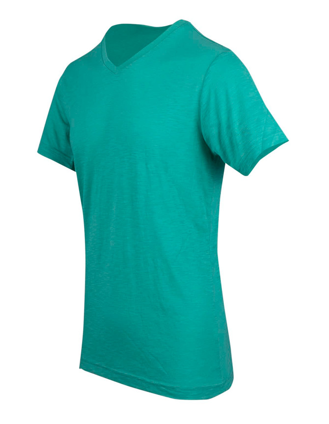 A green raw cotton V-neck T-shirt displayed from the side, featuring short sleeves and a relaxed fit.