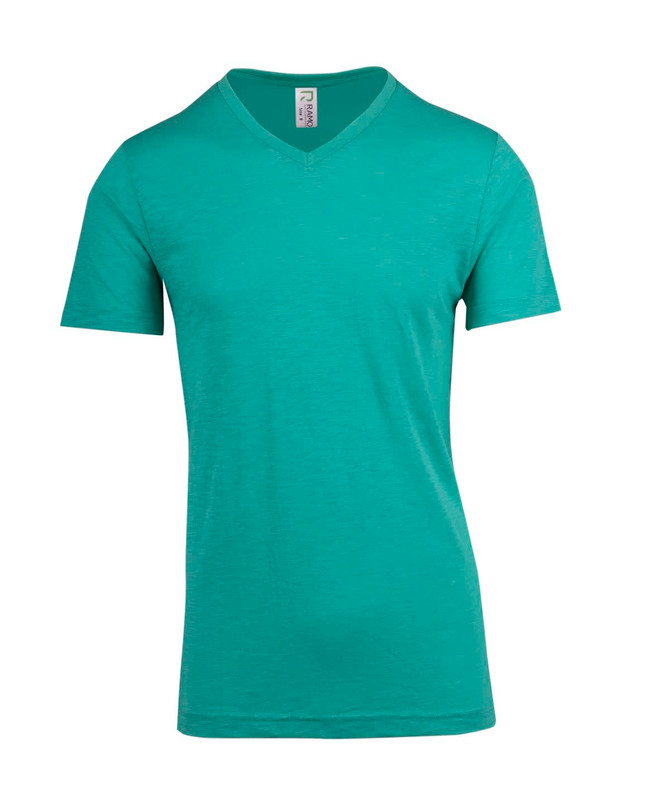 A teal raw cotton V-neck T-shirt with short sleeves, featuring a logo on the label.